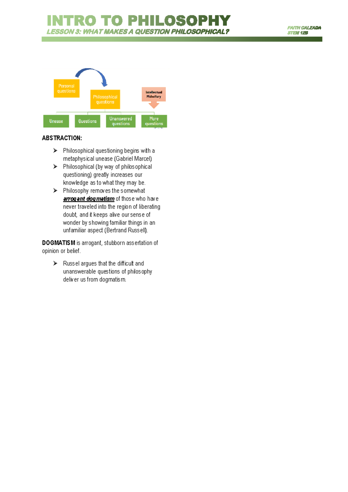 Philo Lesson 3 - ABSTRACTION: Philosophical questioning begins with a ...