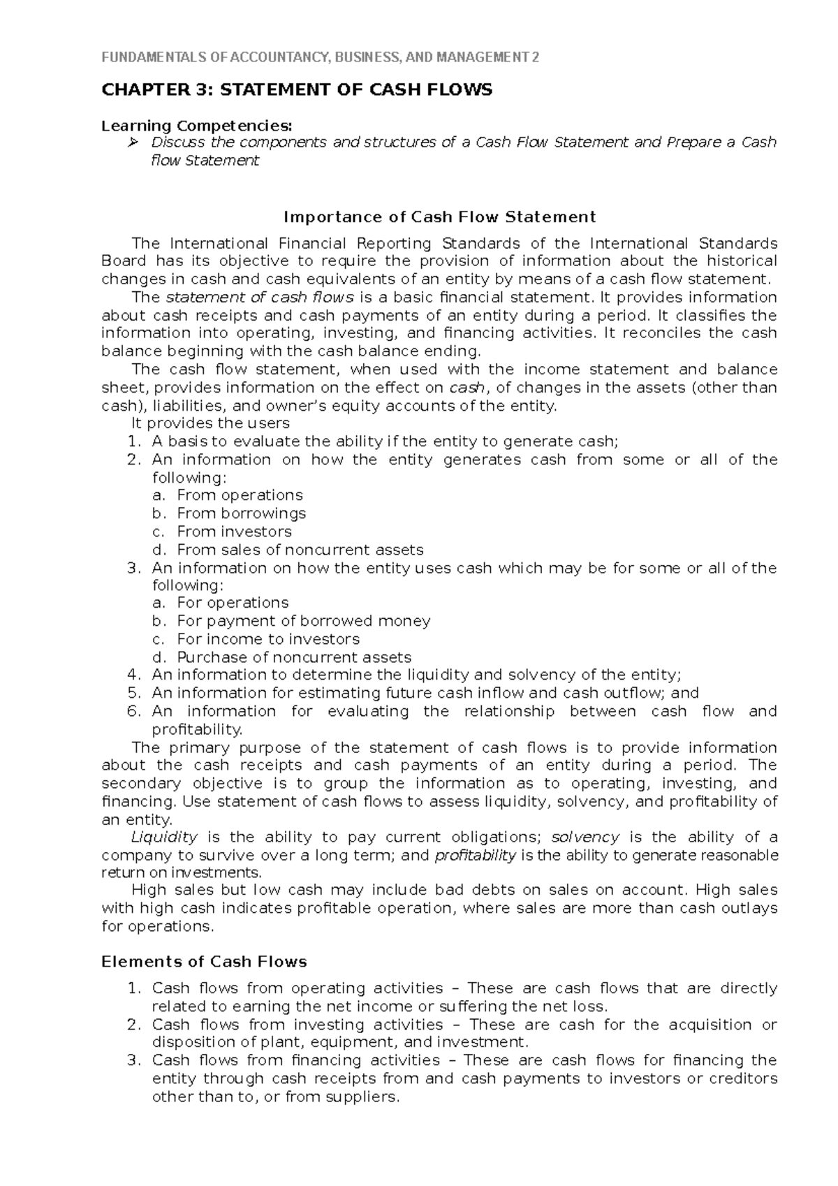 FABM2 - Chapter 3 Statement OF CASH Flows - CHAPTER 3: STATEMENT OF ...
