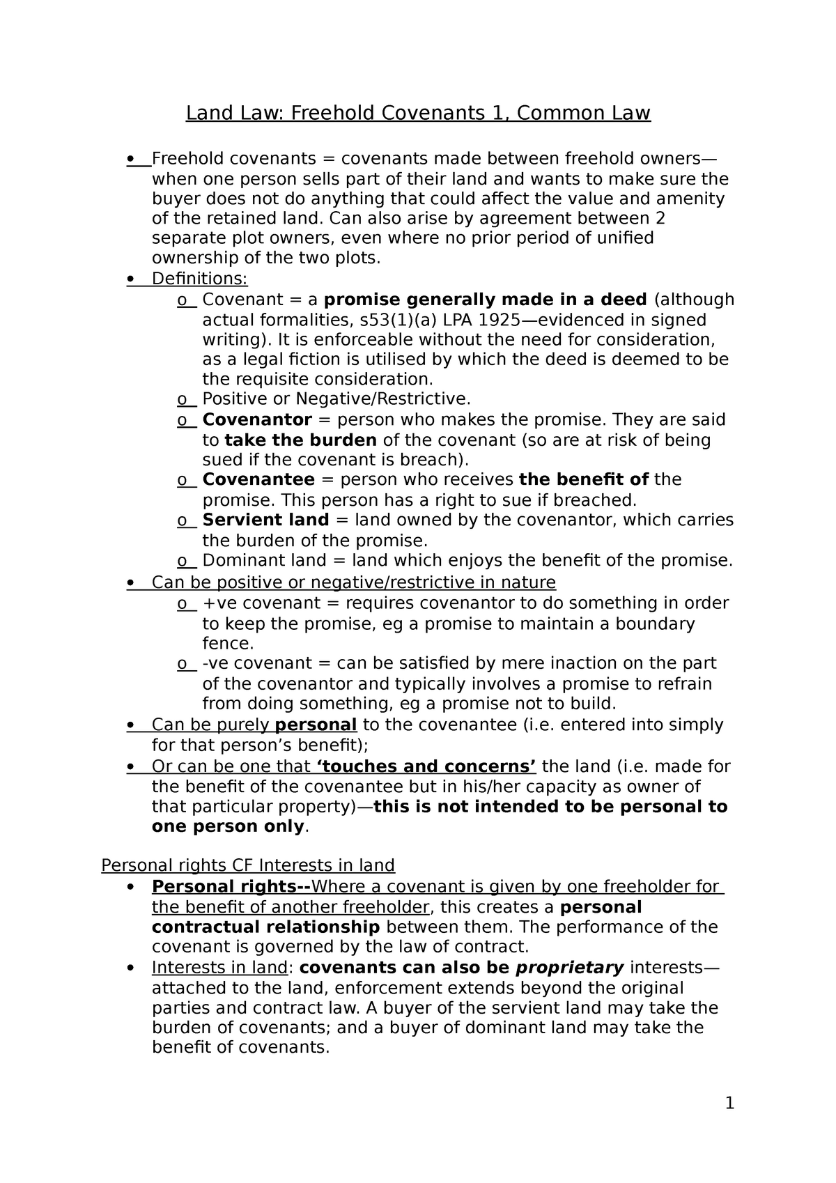 Freehold Covenants 1 sample - Land Law: Freehold Covenants 1, Common ...