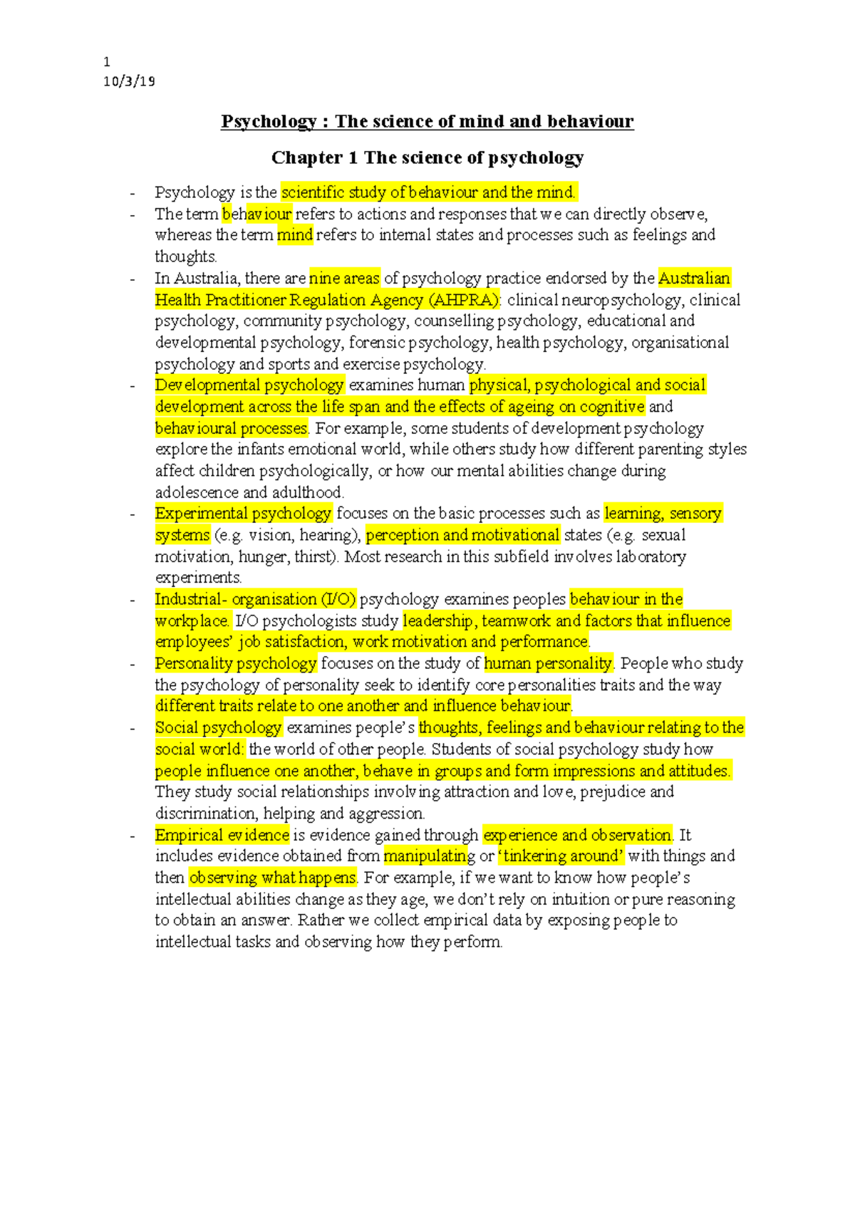 Psychology - Important - 1 10/3/ Psychology : The science of mind and ...