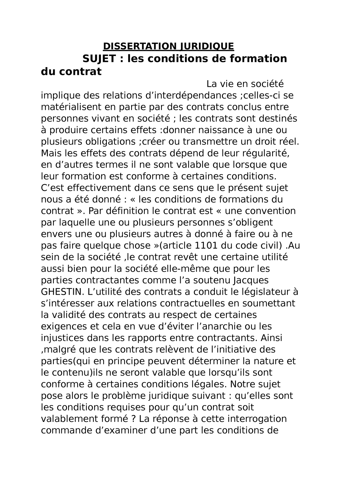 dissertation juridique sur la formation du contrat