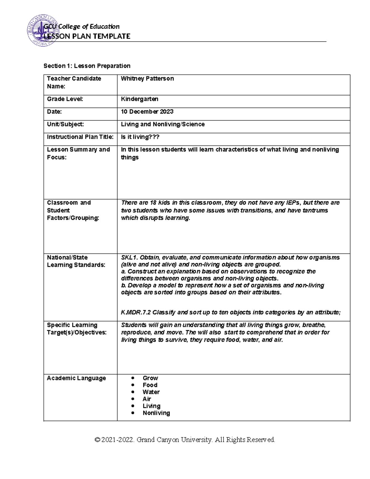 ECE460 Benchmark - LESSON PLAN TEMPLATE Section 1: Lesson Preparation ...