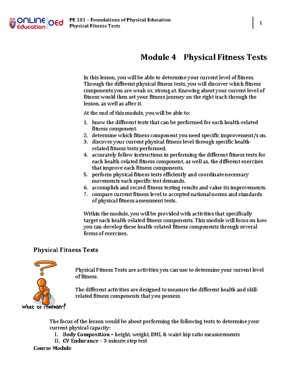 PFL4 physical education Physical Fitness Tests 1 Module 4 Physical