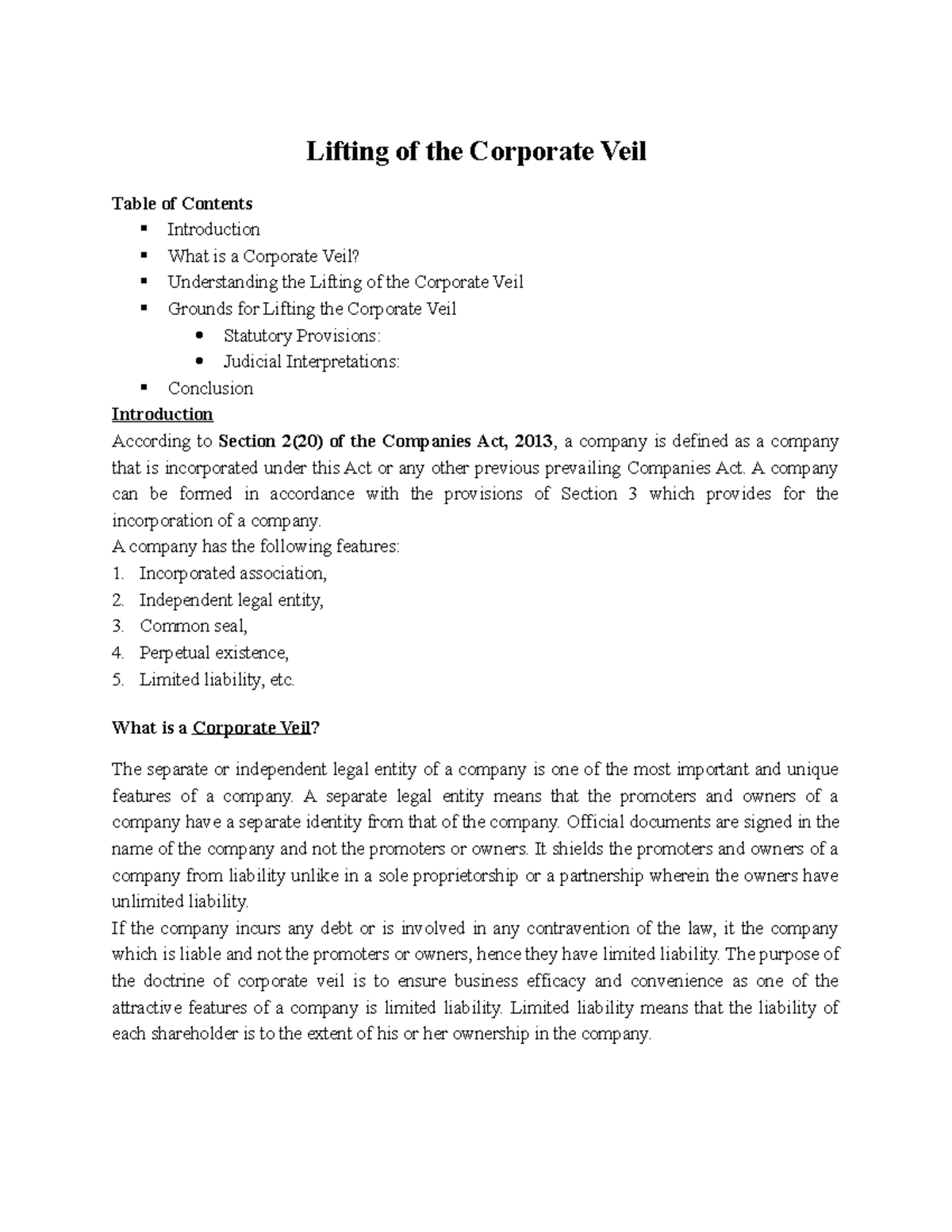 Lifting Of Corporate Veil Lifting Of The Corporate Veil Table Of 