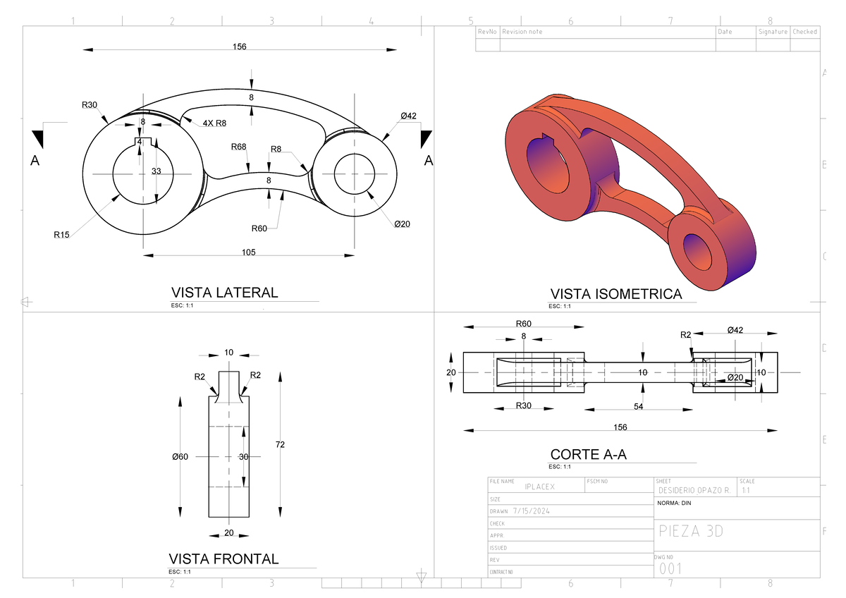 Pieza 3D Autocad Iplacex-ISO A3 Title Block - ESC: 1:1 VISTA ISOMETRICA ...