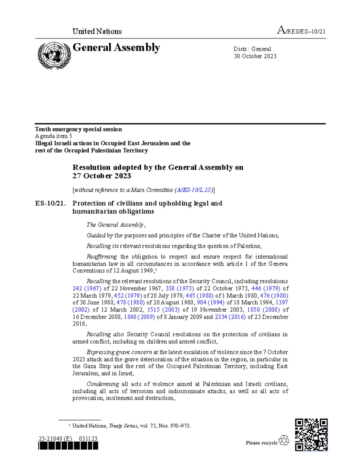 General Assembly Resolution United Nations A/RES/ES10/ General Assembly Distr. General 30