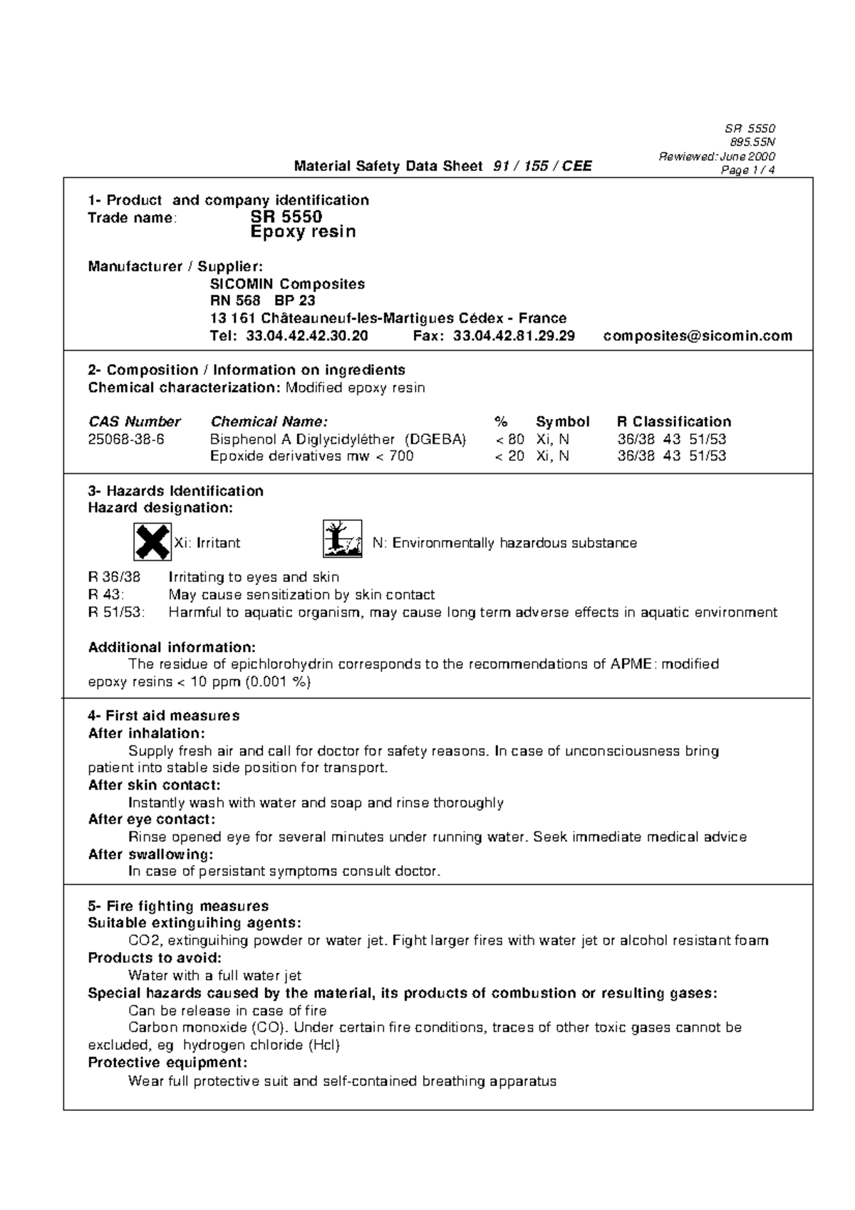 Material Safety Data Sheet 91 155 CEE epoxy resin SR 5550 895