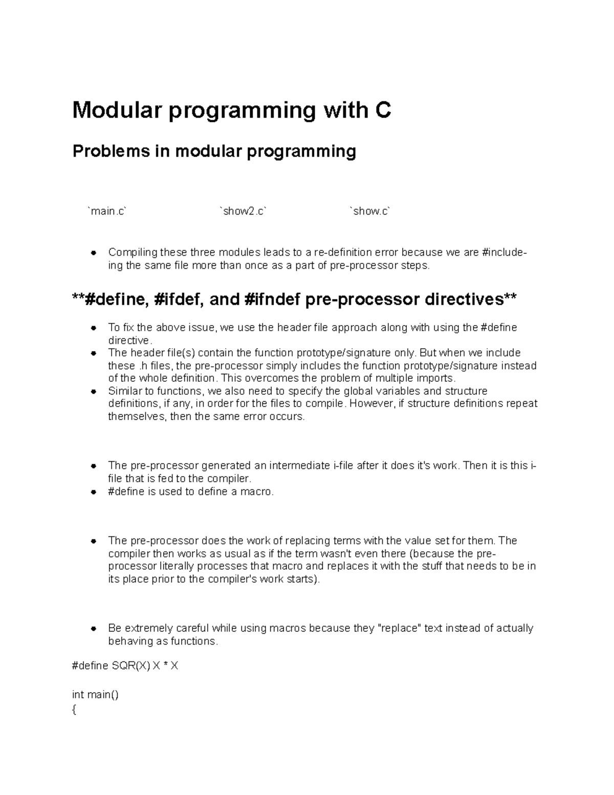 Modular programming with C - Modular programming with C Problems in ...