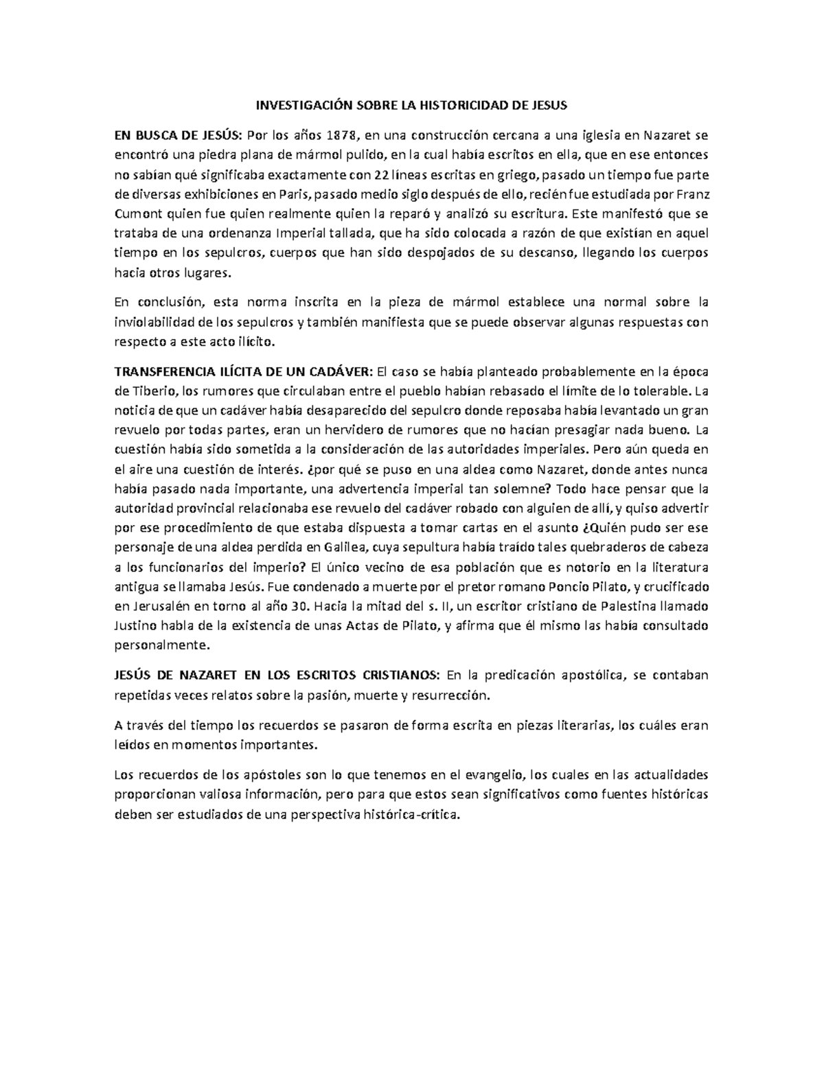 Resumen de historicidad de Jesús y los Evangelios INVESTIGACI”N SOBRE