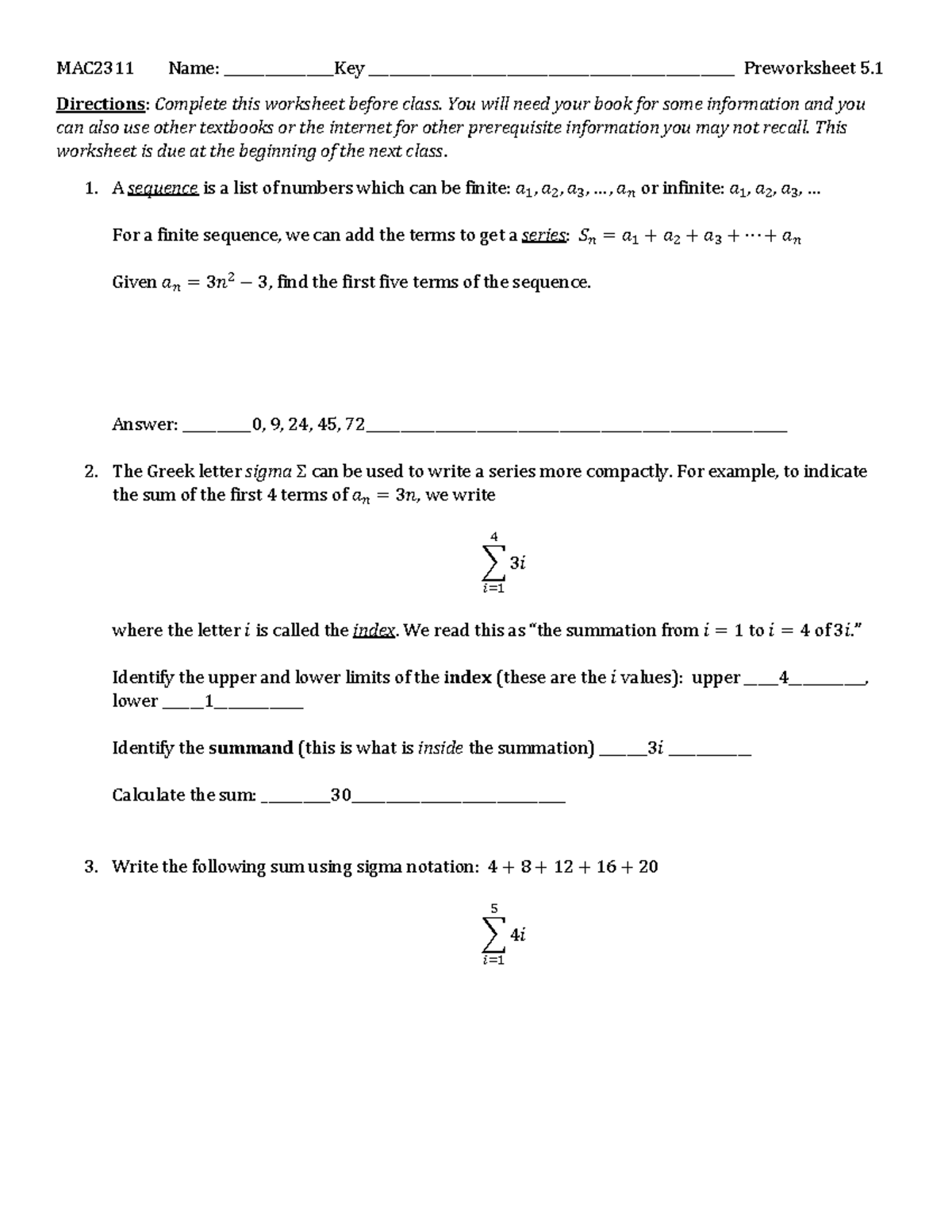 Preworksheet 5.1 Solutions - MAC2311 Name: ________________Key - Studocu