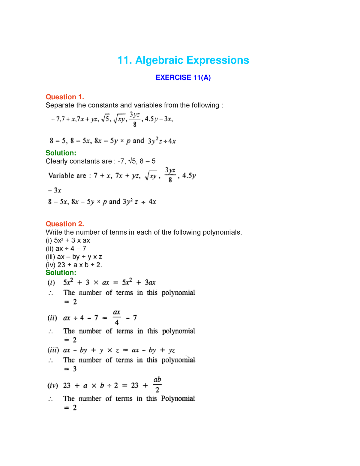 Algebraic Expressions Ncertbooksolutions 11 Algebraic Expressions Exercise 11a Question 1 3277