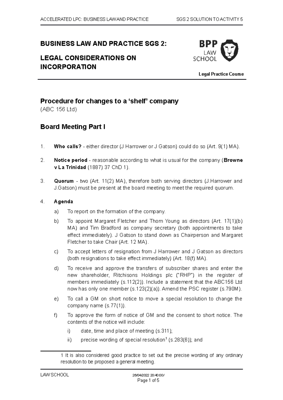 8. Changes to a shelf company PP ACCELERATED LPC BUSINESS LAW AND PRACTICE SGS 2 SOLUTION TO