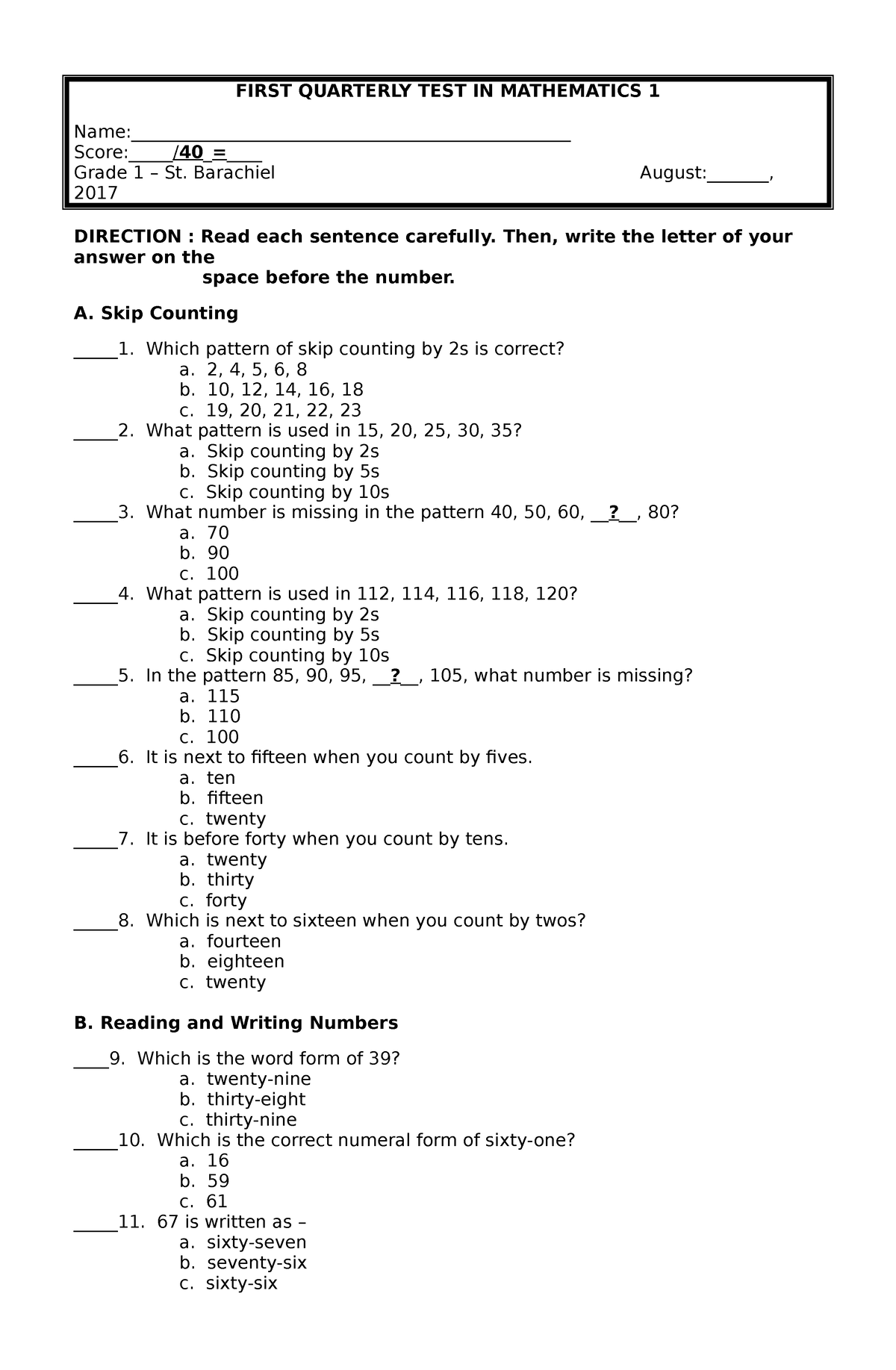 Math 1 - Exam for Math 1 - FIRST QUARTERLY TEST IN MATHEMATICS 1 - Studocu