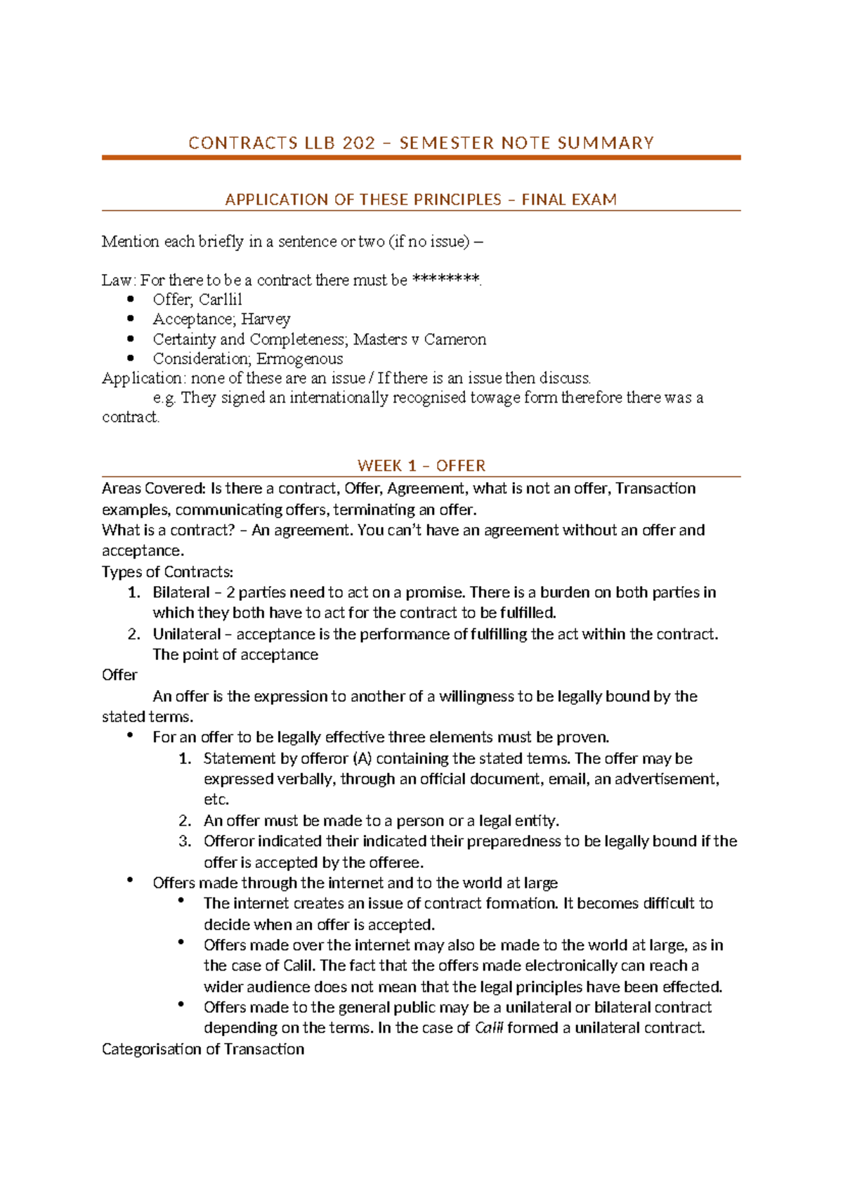 Contracts Summary Week 1-3 2022[86] - CONTRACTS LLB 202 – SEMESTER NOTE ...