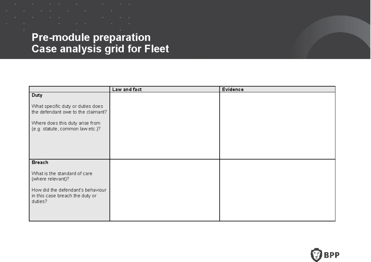 Case analysis grid - notes - Pre-module preparation Case analysis grid ...