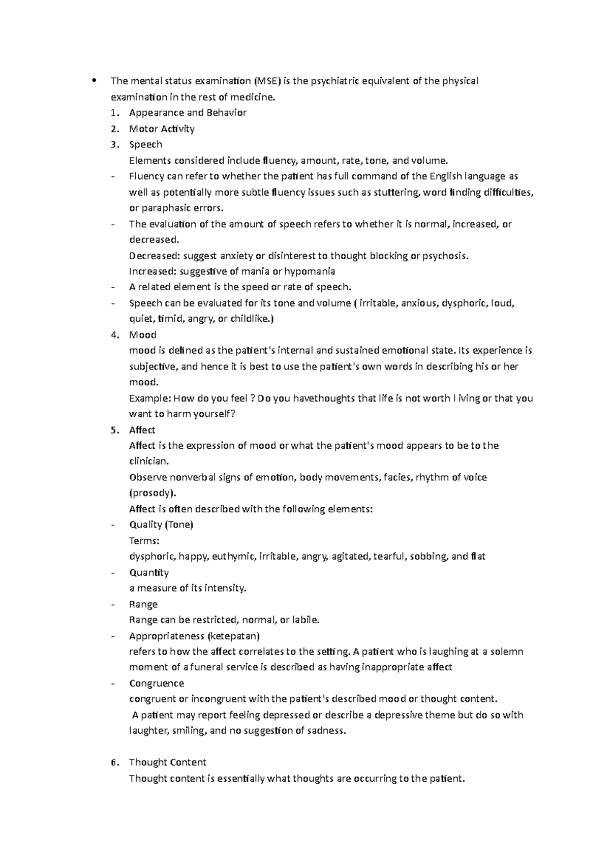 The mental status examination - 1. Appearance and Behavior 2. Motor ...