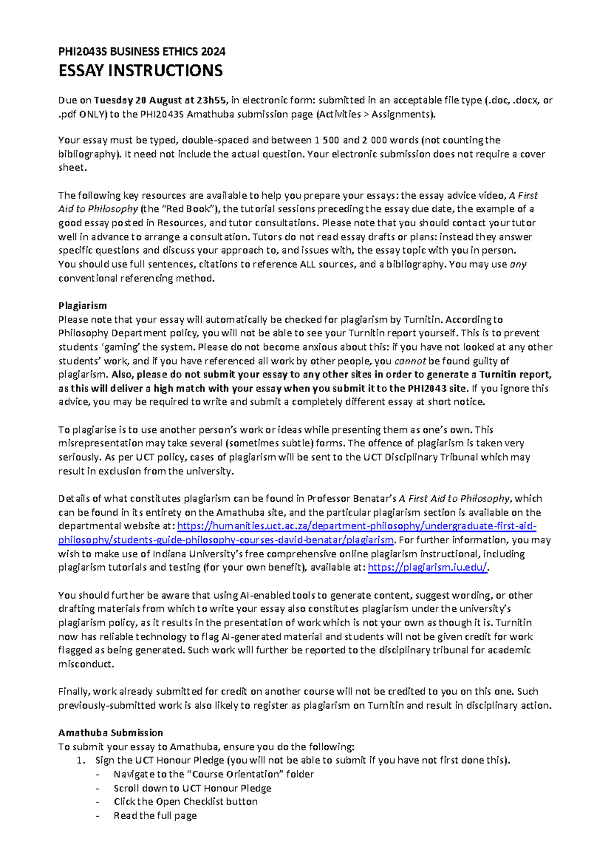 PHI2043S 2024 Essay instructions & topics - PHI204 3 S BUSINESS ETHICS ...
