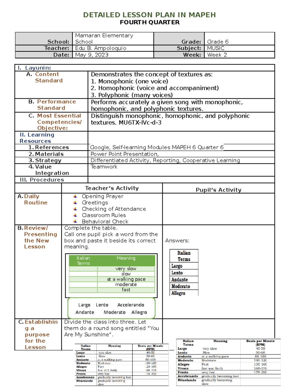 Q4 music 6 week 2 Lesson Plan - DETAILED LESSON PLAN IN MAPEH FOURTH ...