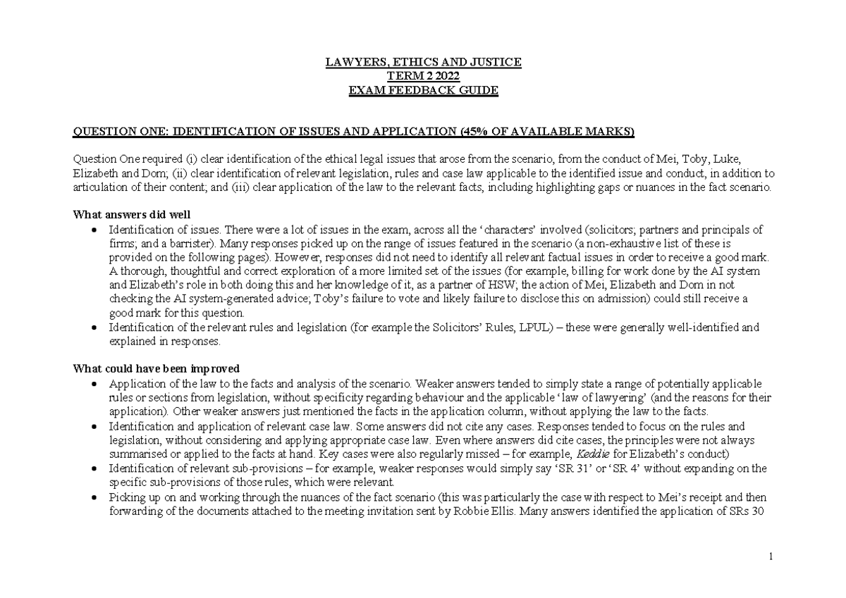 LEJ Feedback (T22022) LAWYERS, ETHICS AND JUSTICE TERM 2 2022 EXAM