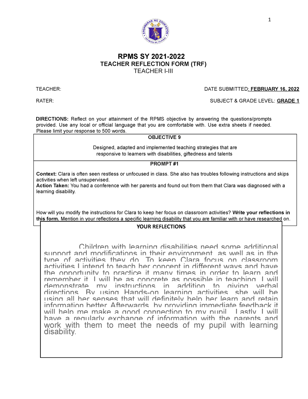 TRF Objective 9   Trf   1 RPMS SY 2021  TEACHER REFLECTION FORM (TRF