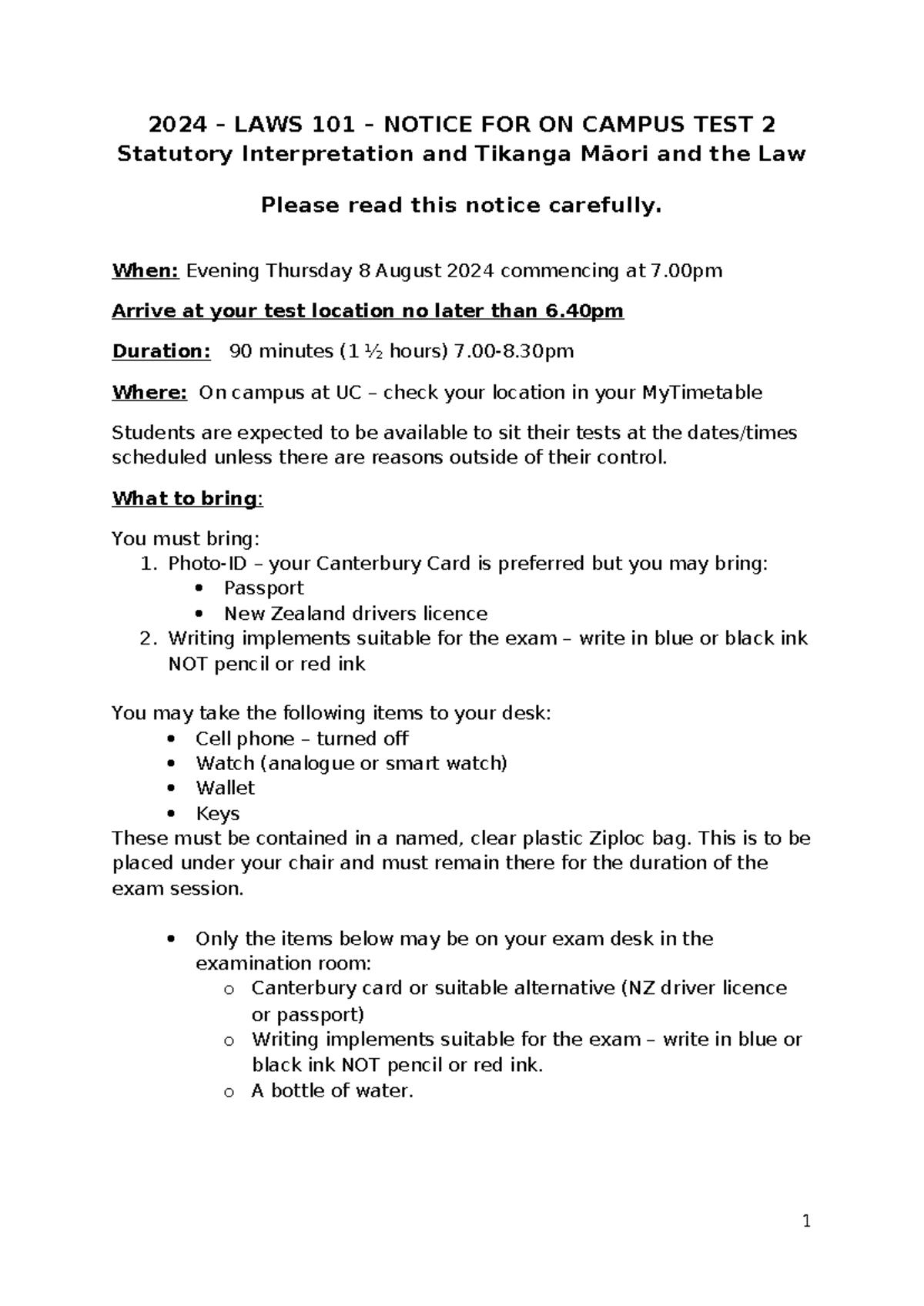 Final formal test notice - test 2 - 2024 – LAWS 101 – NOTICE FOR ON ...