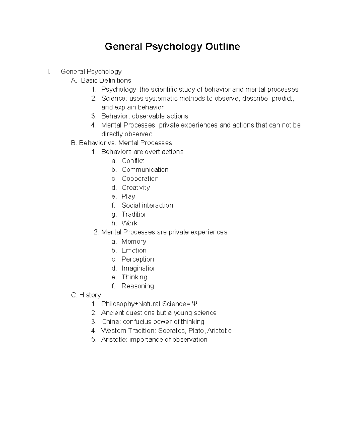 General Psychology Outline General Psychology A. Basic Definitions 1