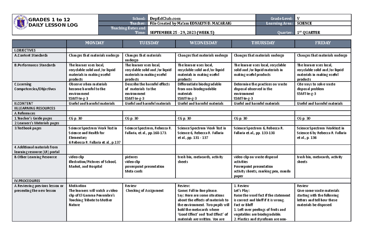 DLL Science 5 Q1 W5 - LEARNING IS FUN - GRADES 1 to 12 DAILY LESSON LOG ...