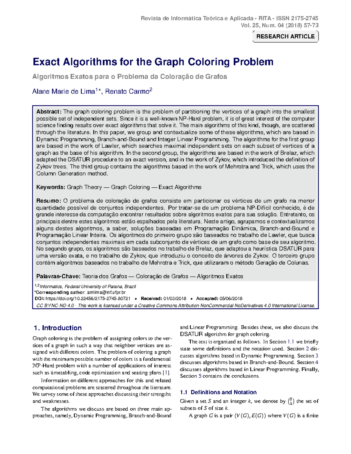 Exact Algorithms for the Graph Coloring Problem - Revista de ...