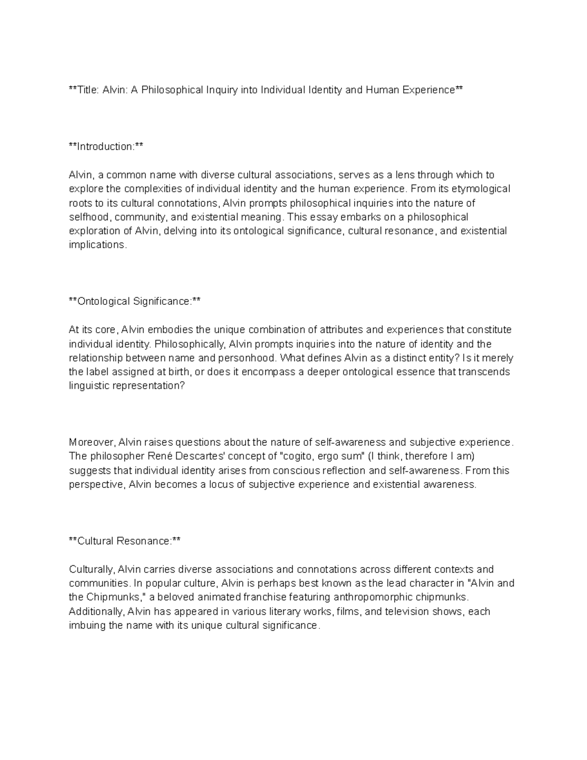 Alvin A Philosophical Inquiry into Individual Identity and Human ...