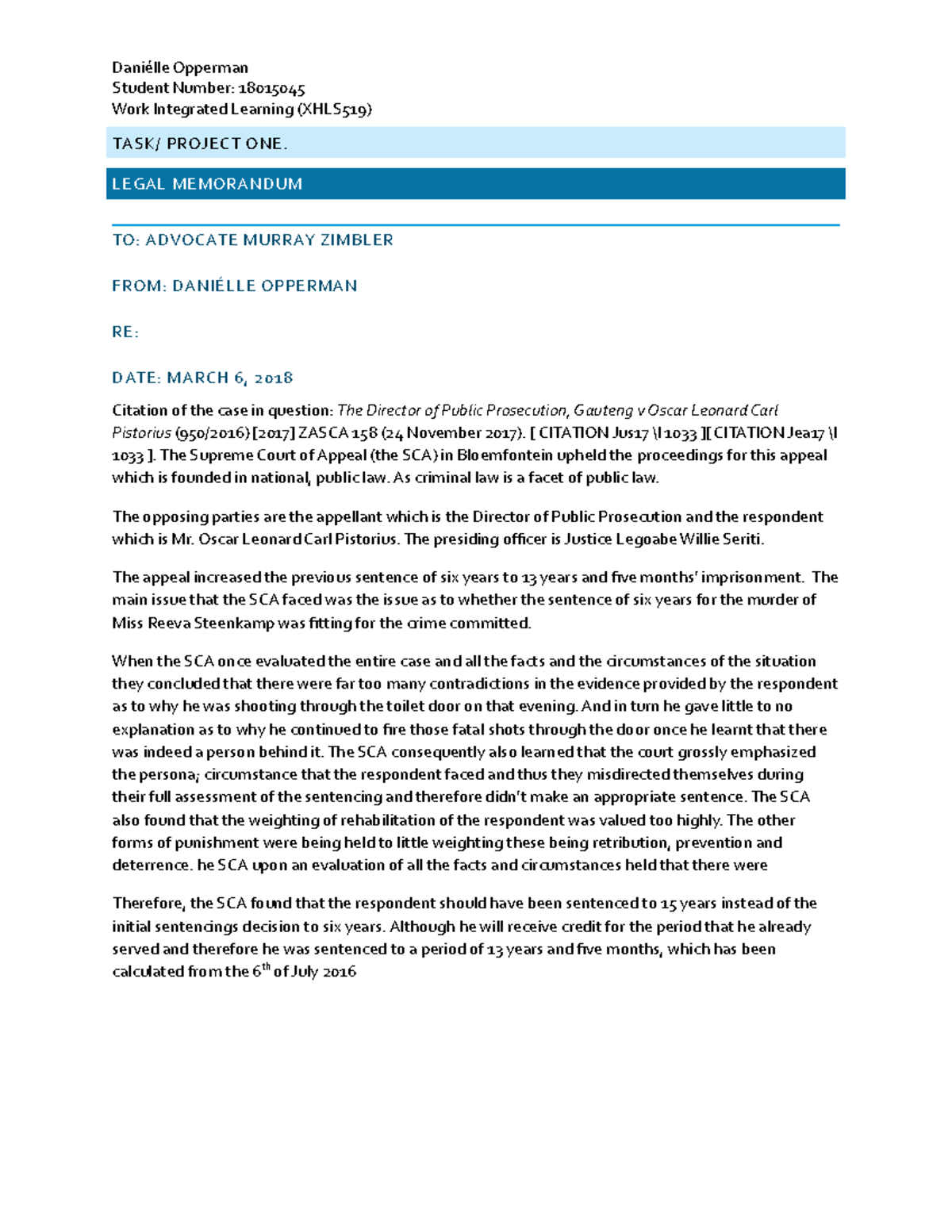 Legal Memorandum - Completed Task 1 for Portfolio - Daniélle Opperman ...