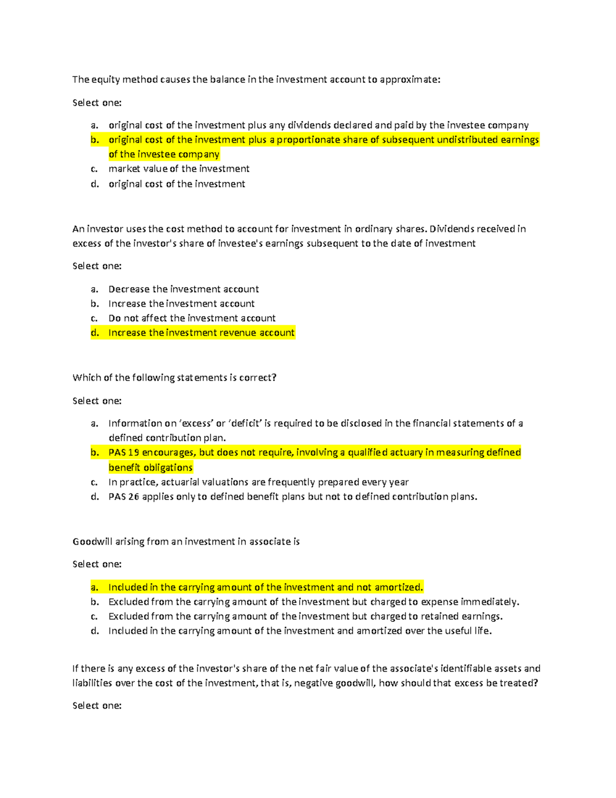 CFAS Question AND Answer - The equity method causes the balance in the ...