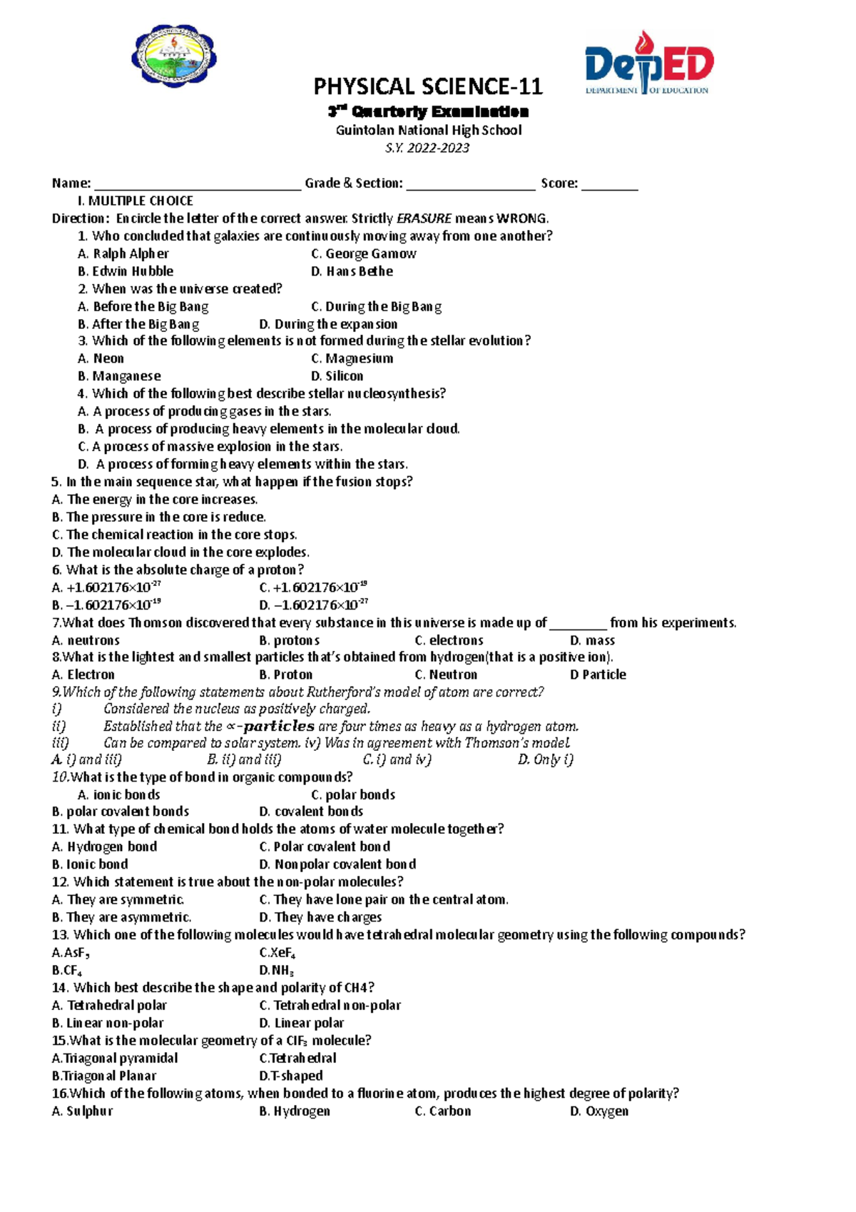 Physical Science TEST Q PHYSICAL SCIENCE 3 rd Quarterly Examination