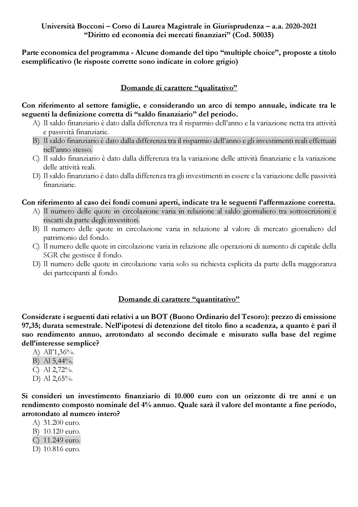 Esempi di domande d esame Parte economica anno 2020 2021 Università