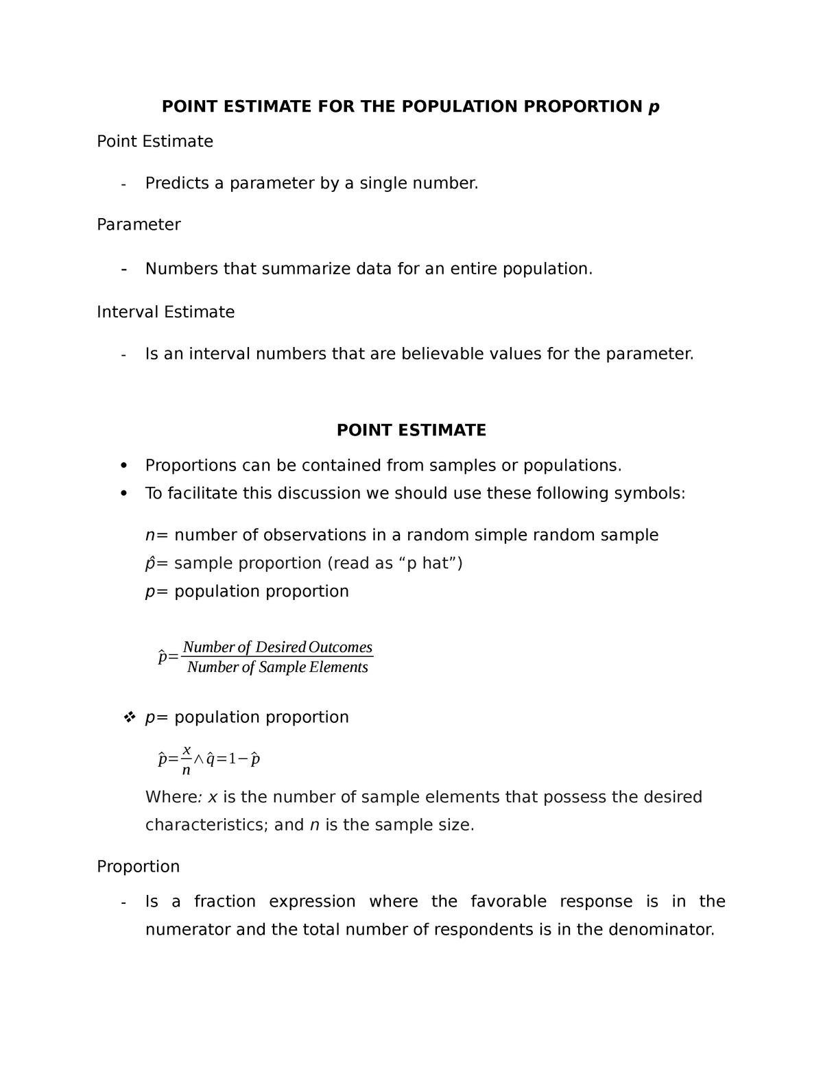 Stats Point Estimate For The Population Proportion P Point Estimate For The Population Studocu