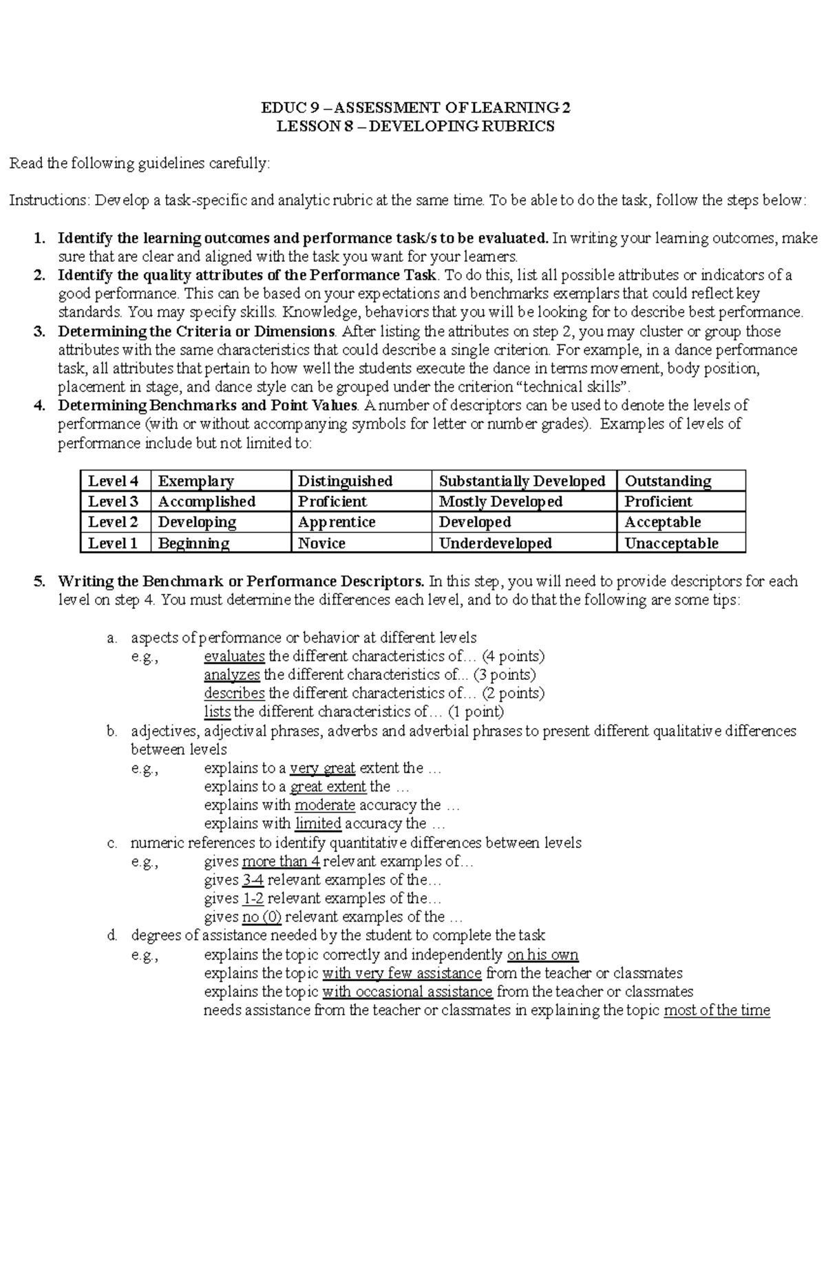 Lesson 8 Developing Rubrics - EDUC 9 – ASSESSMENT OF LEARNING 2 LESSON ...