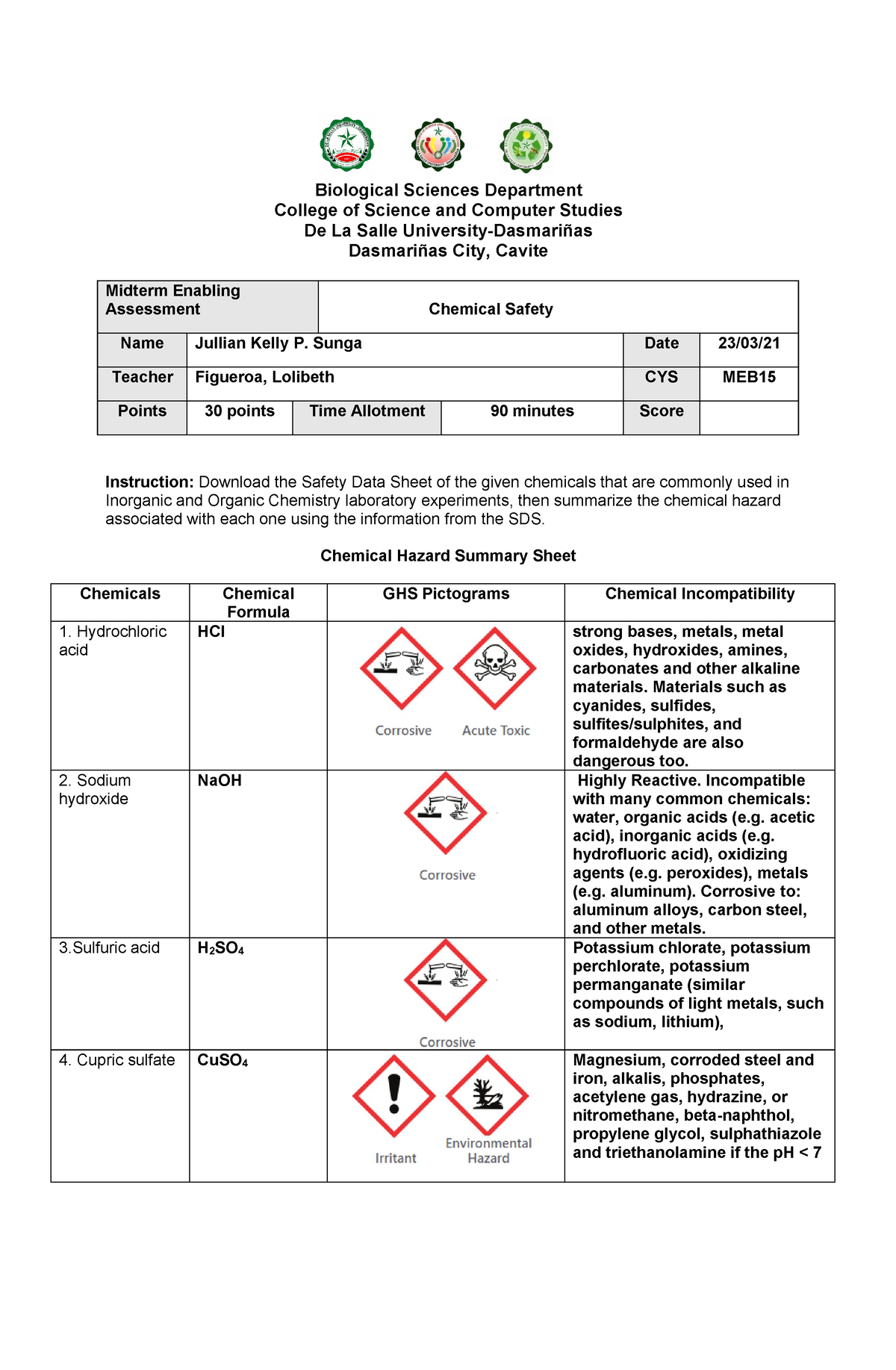 CHEMICAL SAFETY enabling assessment - Biological Sciences Department ...