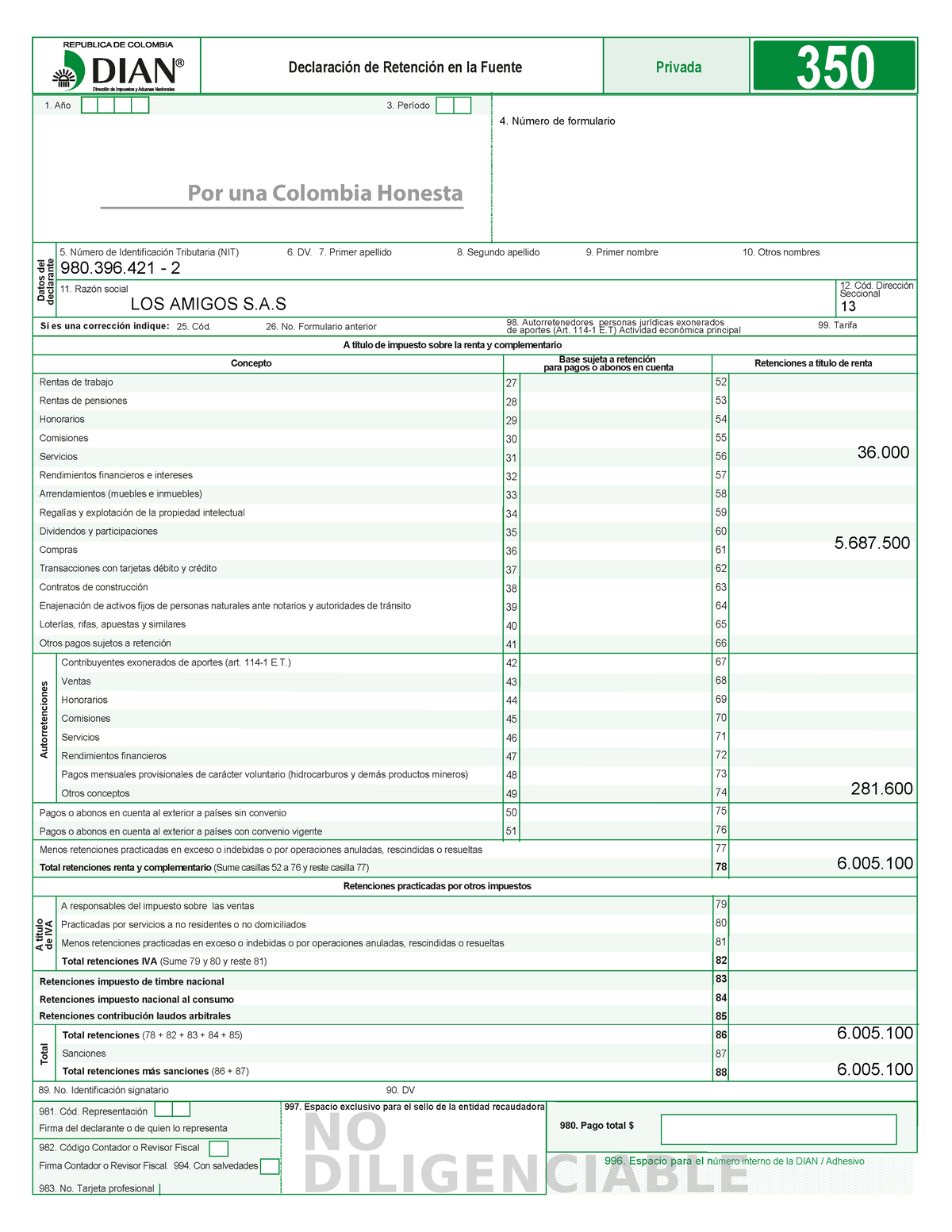 Formulario 350 2023 Declaración de Retención en la Fuente Base sujeta