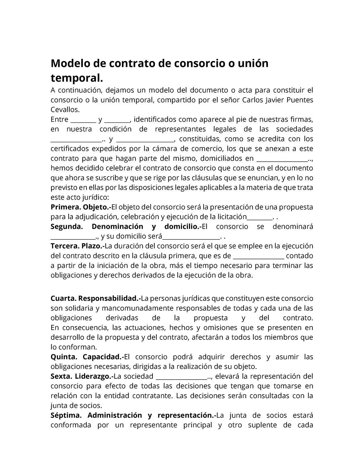 Modelo De Contrato De Consorcio O Unión Temporal - A Continuación ...