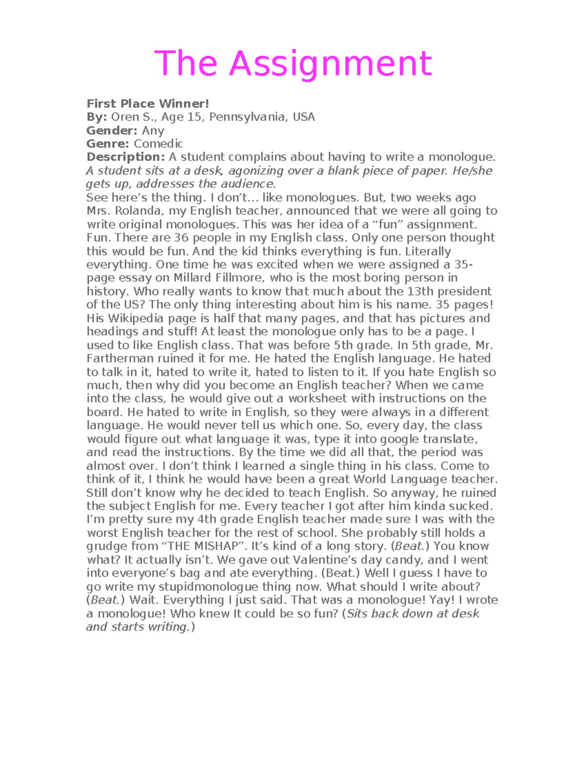 Mologues 2 - The Assignment First Place Winner! By: Oren S., Age 15 ...