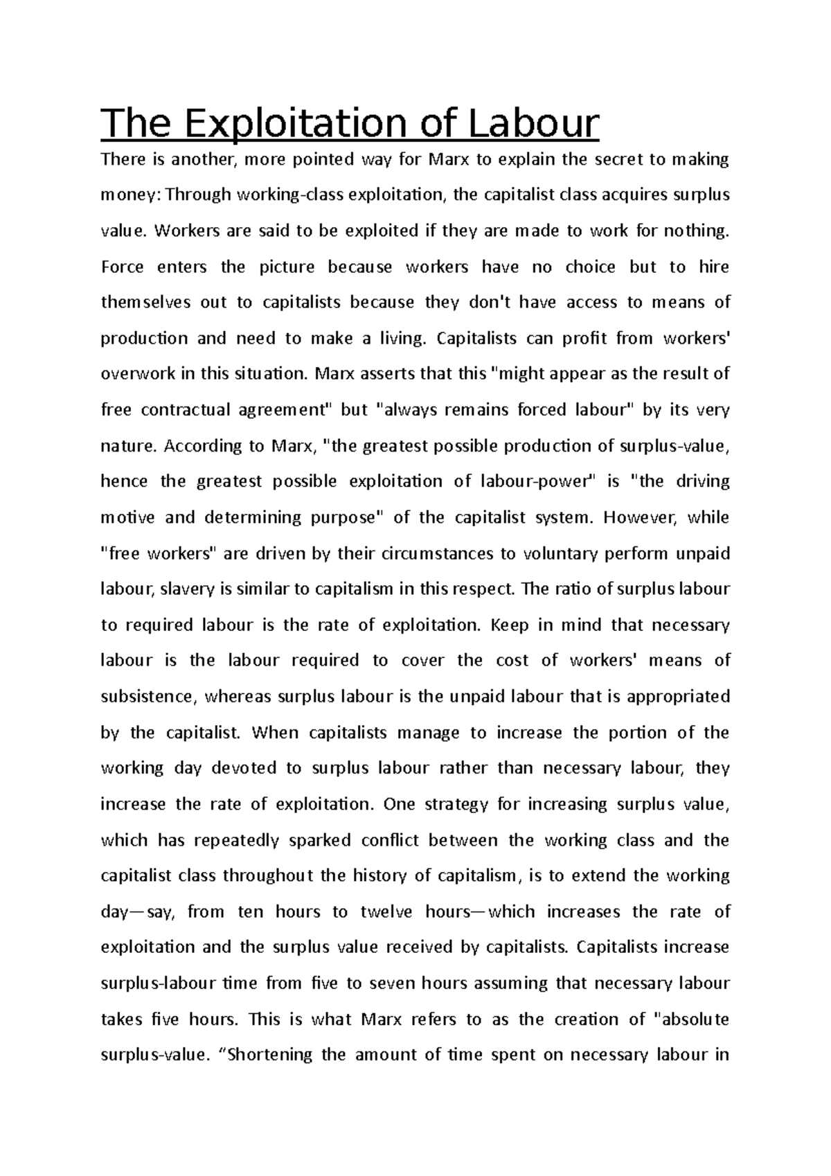 The Exploitation of Labour The Exploitation of Labour There is