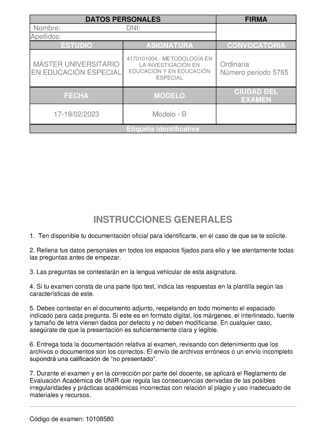 Metodologia B - Modelo Examen B - DATOS PERSONALES FIRMA Nombre: DNI ...