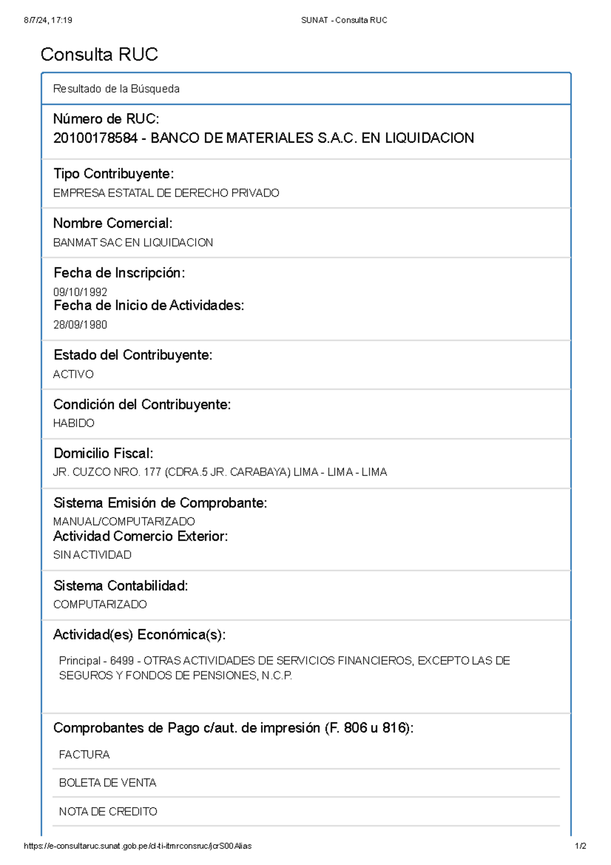 Sunat - Consulta RUC - Consulta RUC Resultado de la Búsqueda Número de ...