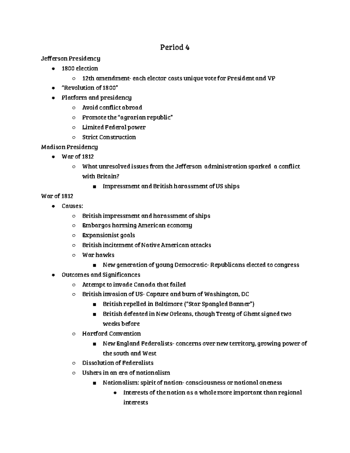 Period 4 Ap Us History Notes - Period 4 Jefferson Presidency 1800 