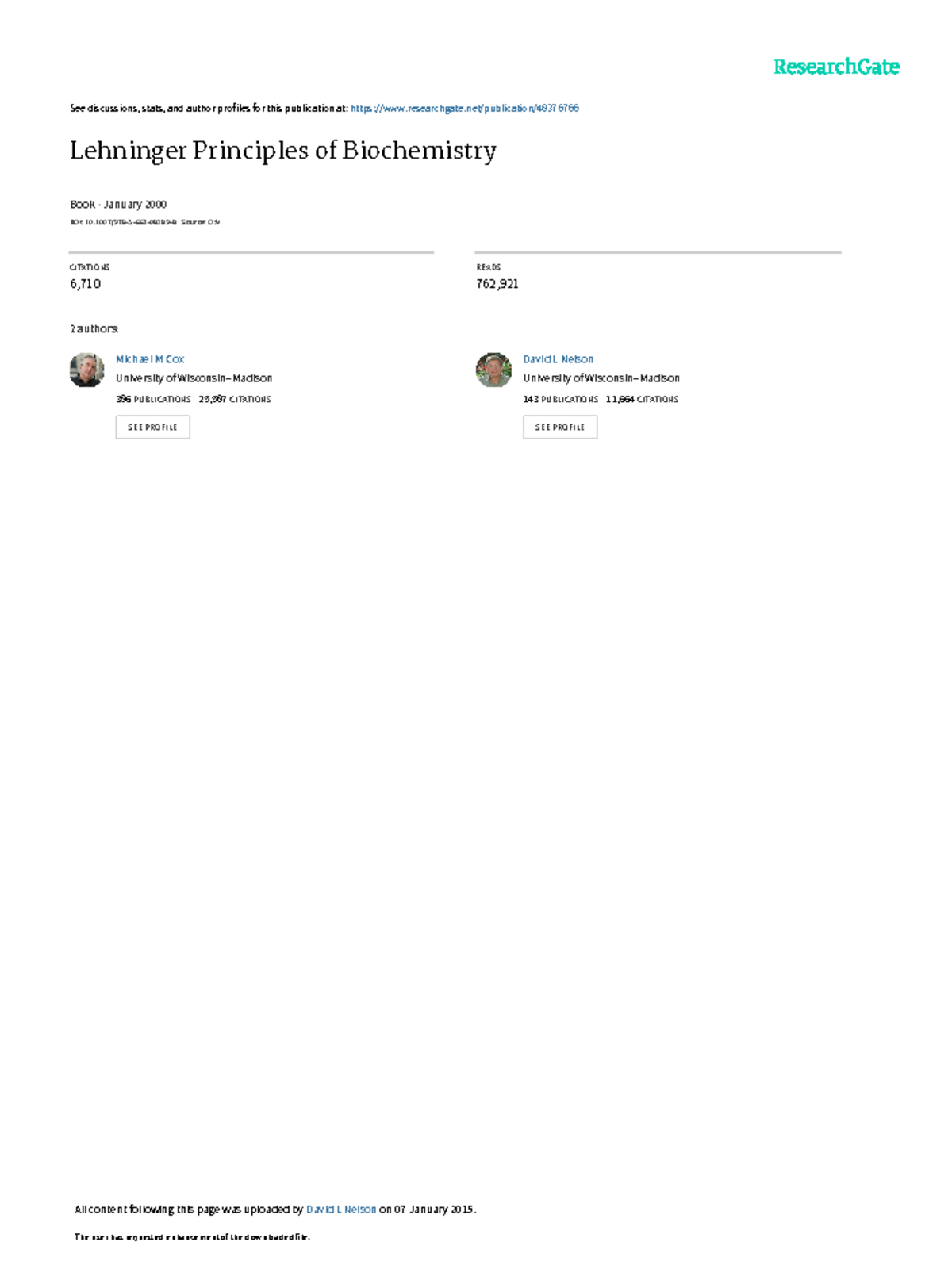 Lehninger Principles of Biochemistry - The user has requested ...