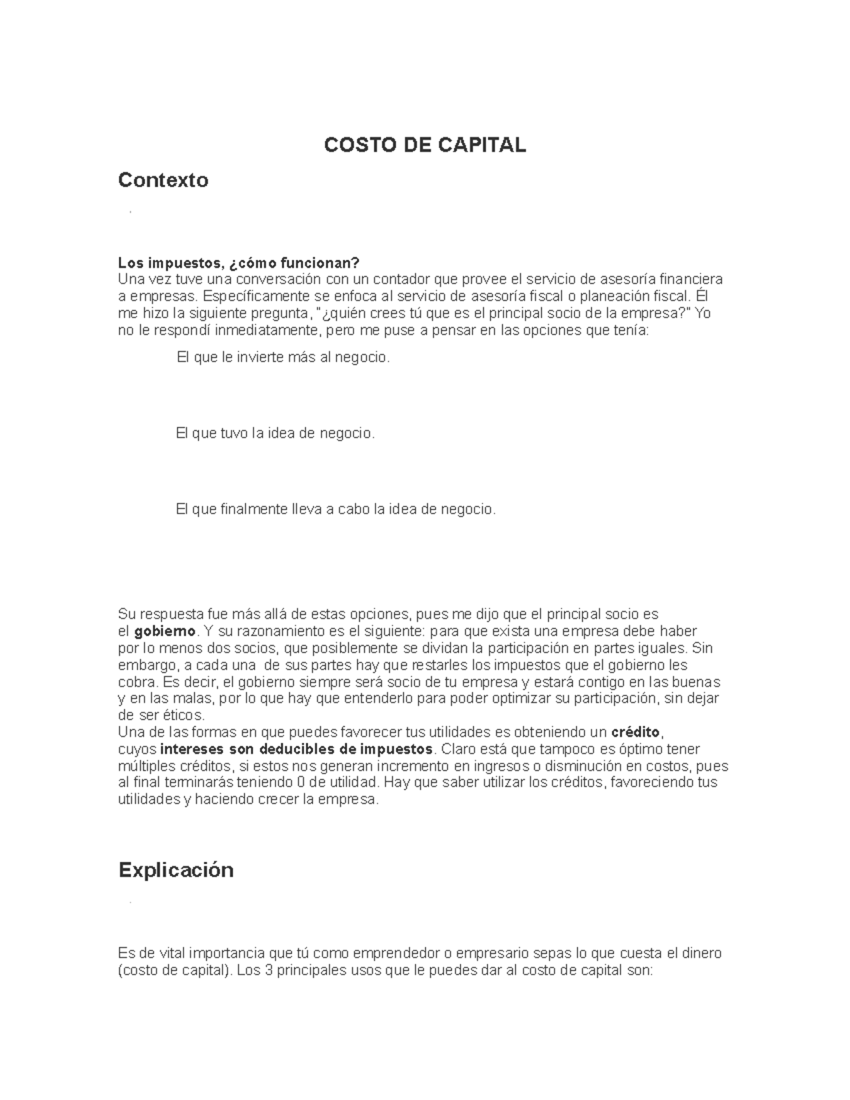 Costo De Capital Costo De Capital Contexto Los Impuestos ¿cómo