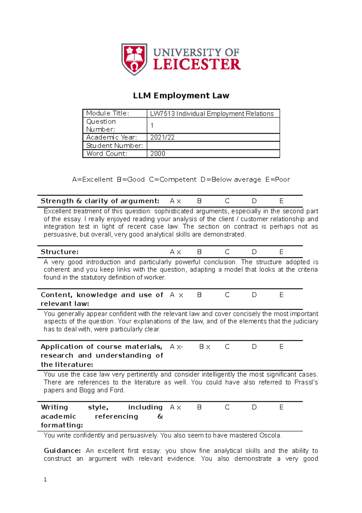 Example of good assignment 1 - LLM Employment Law Module Title: LW7513 ...