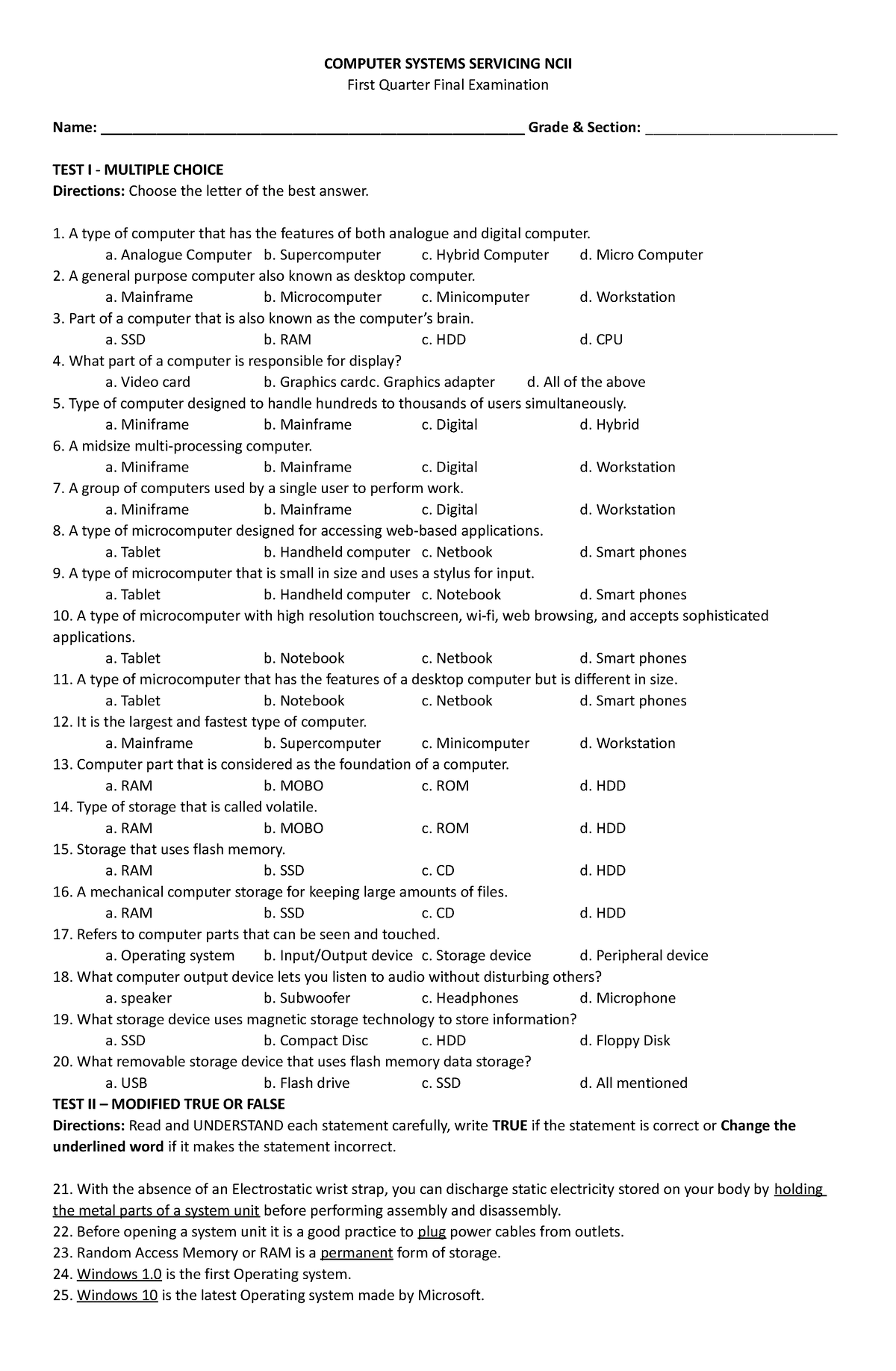 Computer Systems Servicing - TQ - Teacher III - Studocu