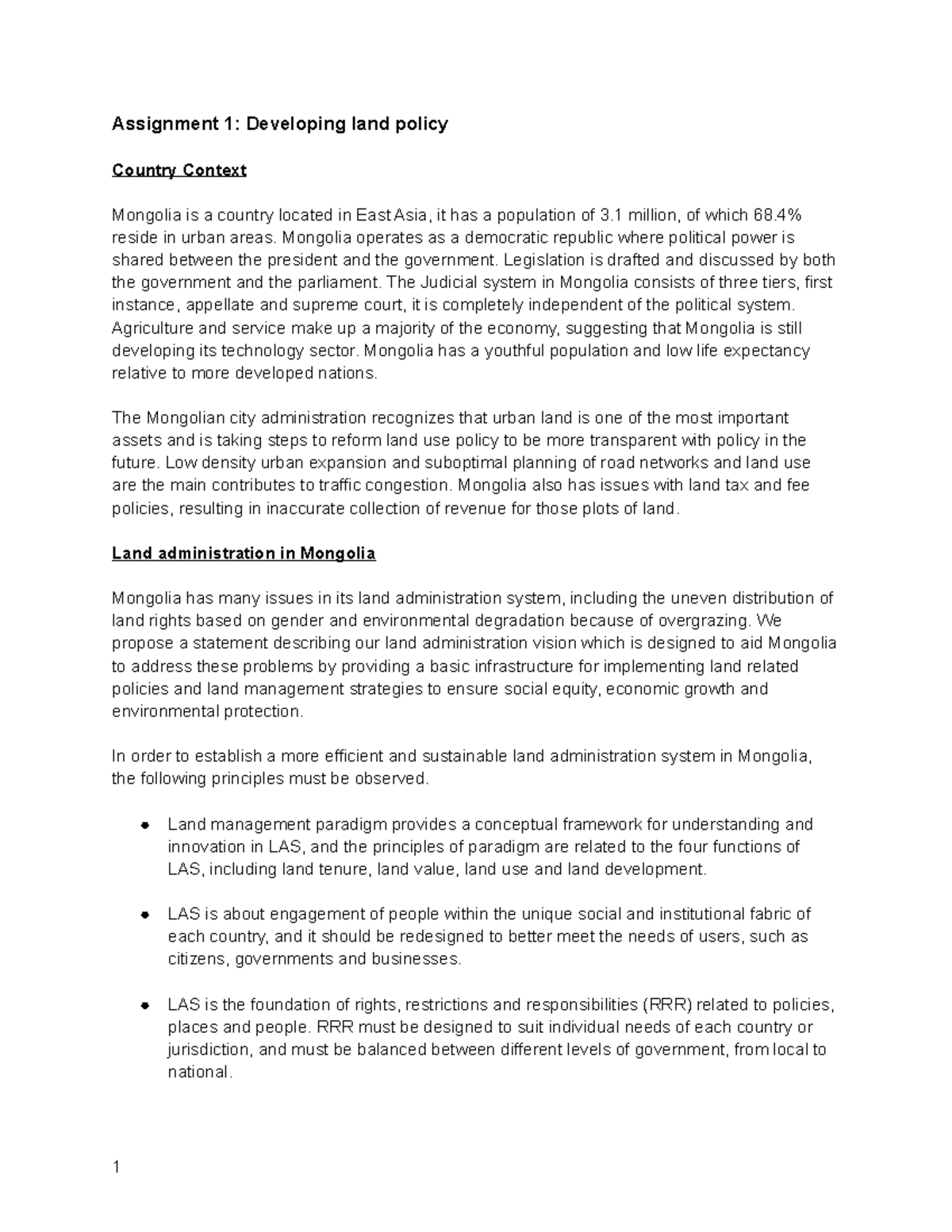 Land Admin A1 - Assignment 1: Developing land policy Country Context ...
