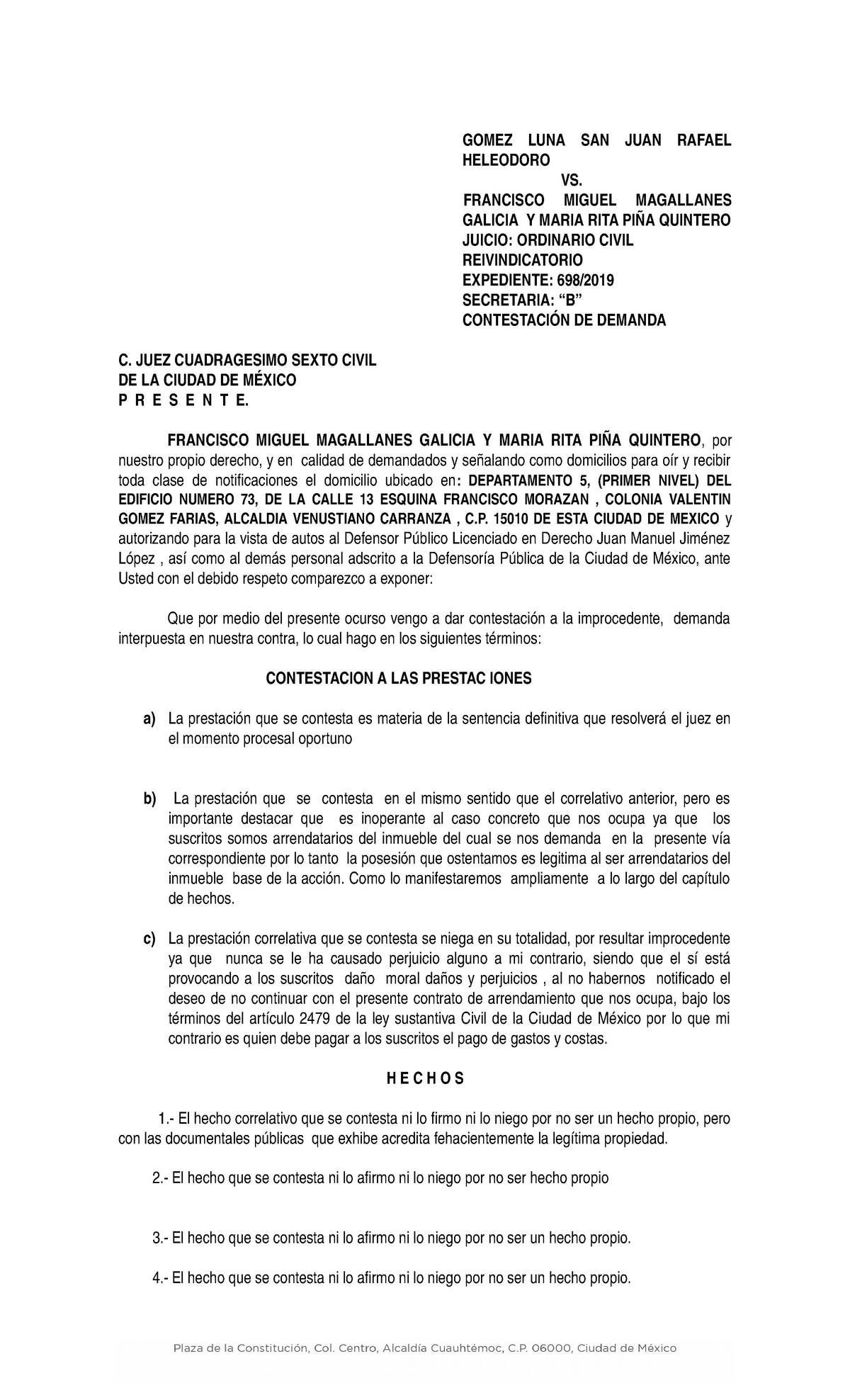 Contestacion Demanda Reivindicatorio Gomez Luna San Juan Rafael Heleodoro Vs Francisco Miguel Magallanes Galicia Maria Rita Pi Quintero Juicio Ordinario Civil Studocu