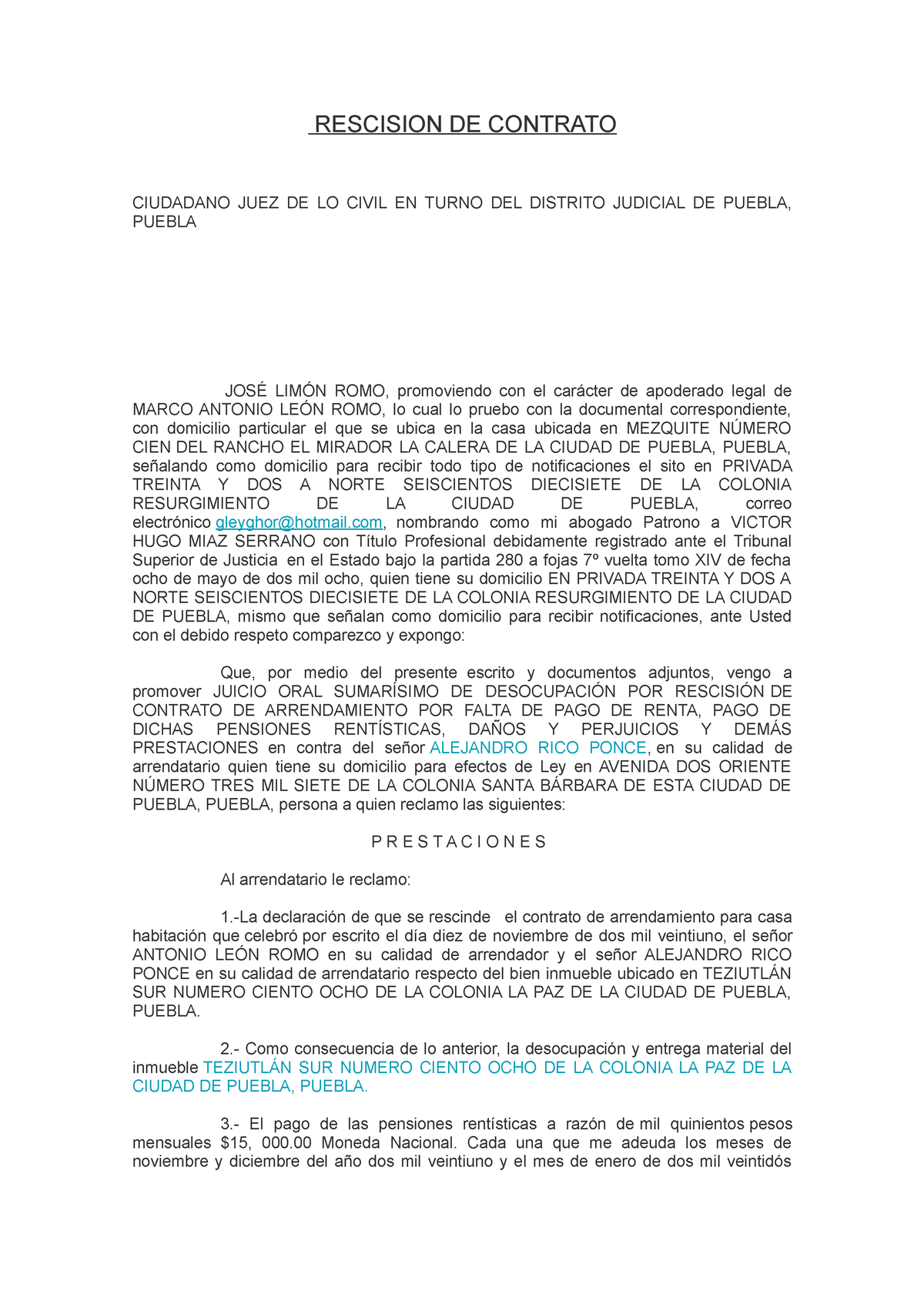 Rescision De Contrato Formato De Escrito Practico Rescision De Contrato Ciudadano Juez De Lo 5533